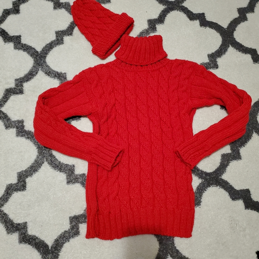 Handmade red turtleneck sweater and hat set